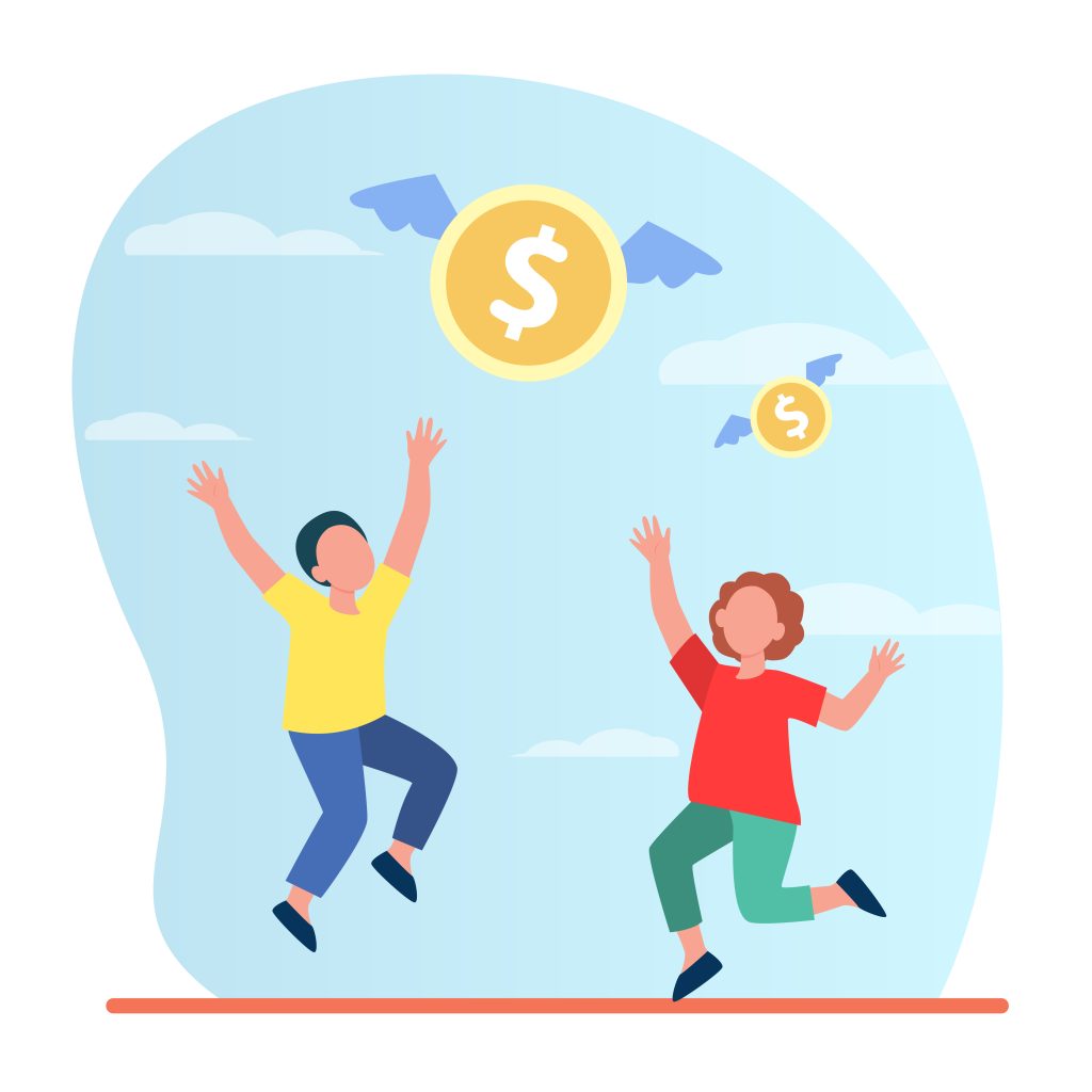 Tiny man and woman trying to catch flying money illustration